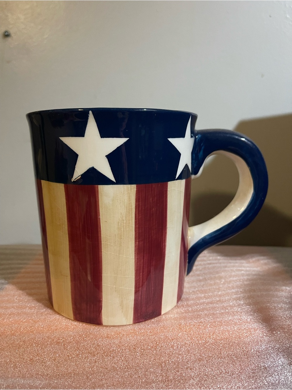 Patriotic Stars & Stripes Ceramic Coffee Mug - Blue, Red, Cream